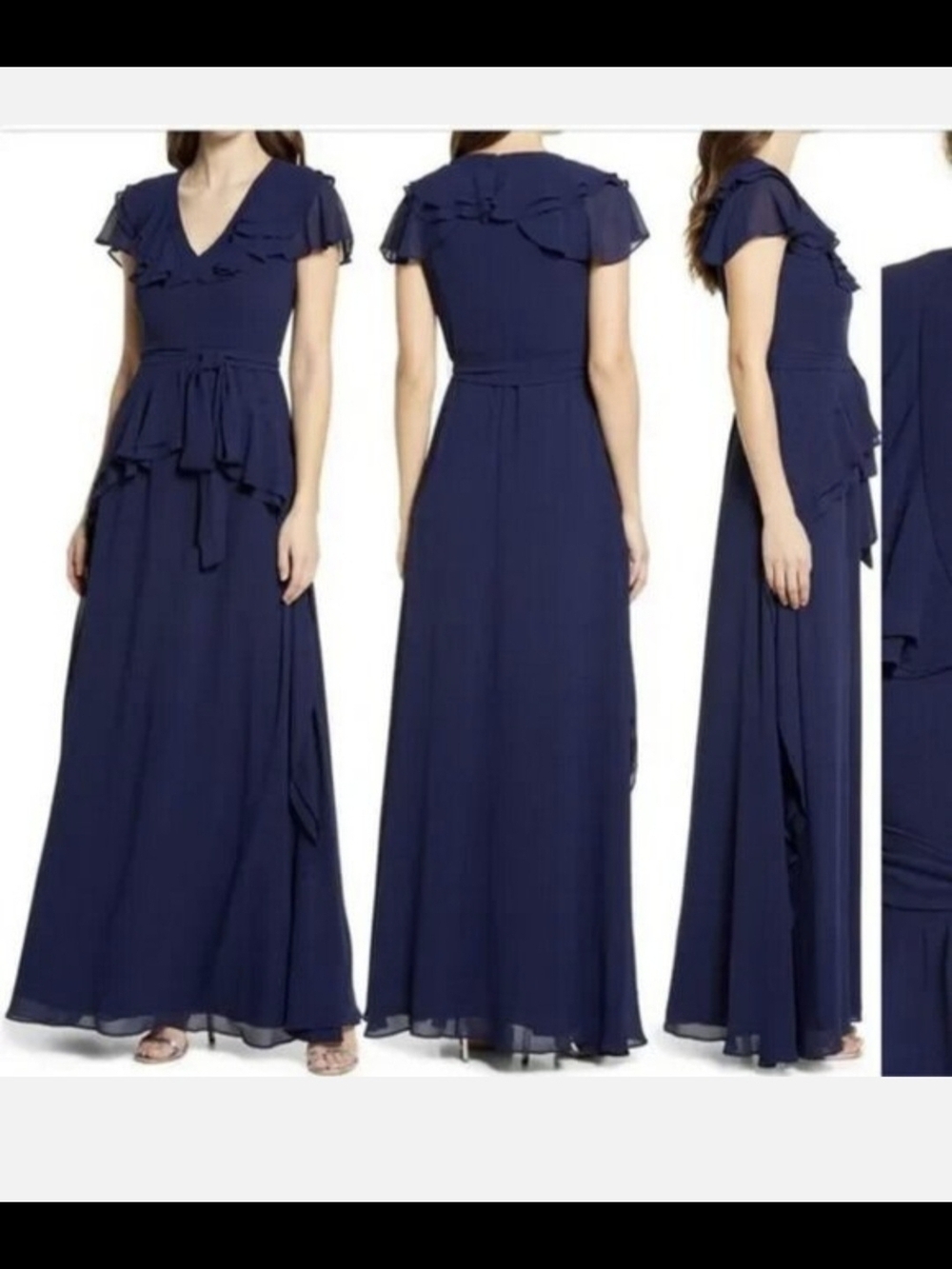 SHAN Navy Ruffle V-Neck Maxi Dress